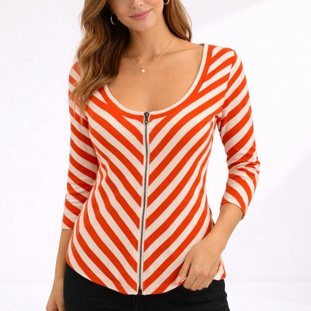 Anthro Maeve Striped Zip Top S Orange White 3/4 Sleeve Cotton Stretch